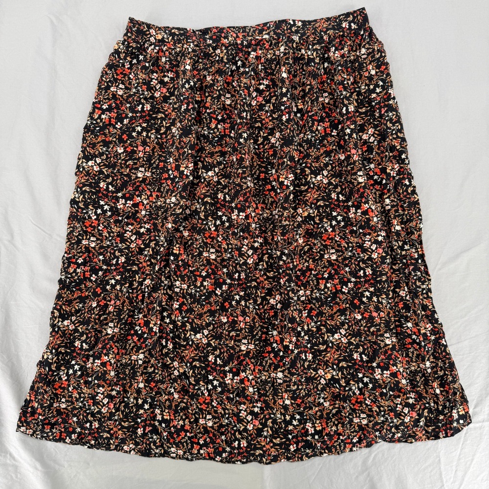 Old Navy Womens Large Black Orange Ditsy Floral Rayon Midi Skirt Elastic Waist